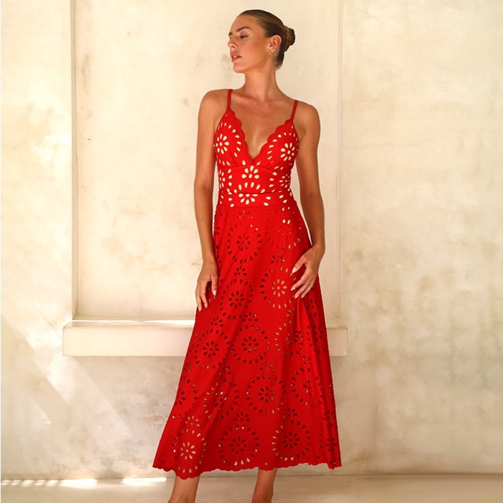 Red cutout lace one piece swimsuit and skirt. NWOT